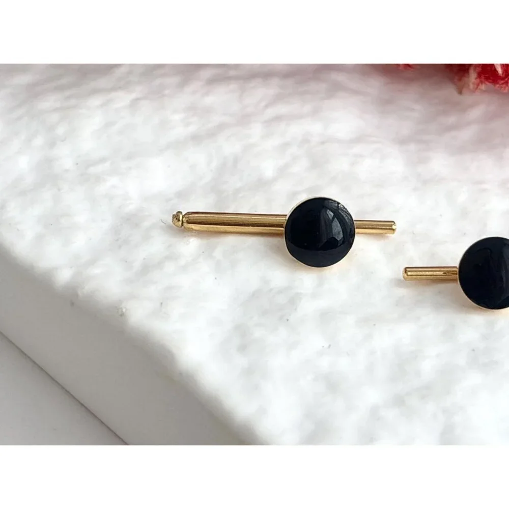 Faux Black Onyx Minimalist Stone Silver Toned Vintage Men's Cuff Links